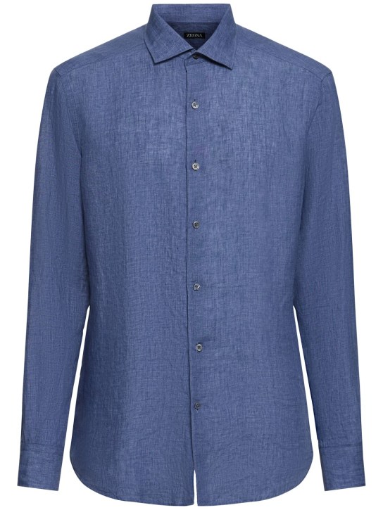 Zegna: Solid pure linen long sleeve shirt - Blue - men_0 | Luisa Via Roma