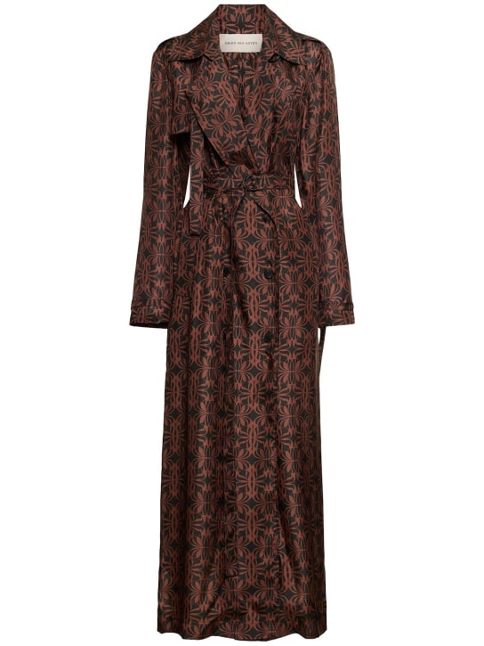 Dries Van Noten: Printed silk satin belted long coat - Kahverengi/Siyah - women_0 | Luisa Via Roma
