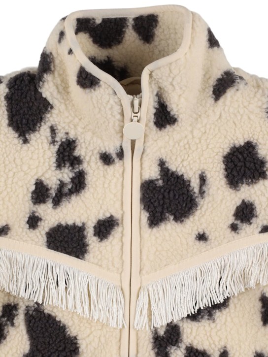 Stella Mccartney Kids: Printed teddy fleece jacket w/ fringes - Beyaz/Siyah - kids-girls_1 | Luisa Via Roma