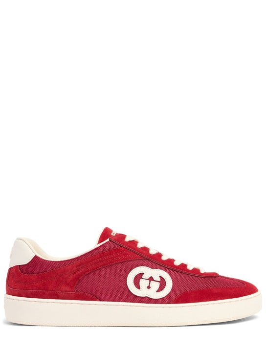 Gucci: Sneakers G74 in camoscio e tessuto con logo GG - Rosso - men_0 | Luisa Via Roma