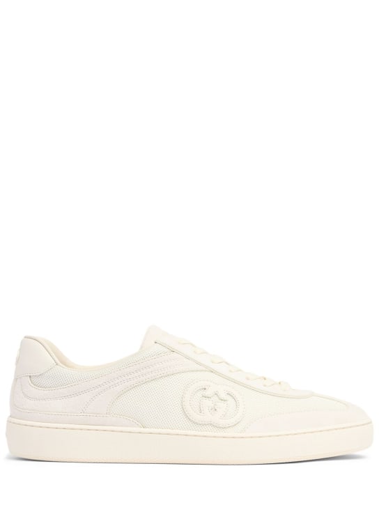 Gucci: Sneakers G74 in camoscio e tessuto con logo GG - Off White - men_0 | Luisa Via Roma
