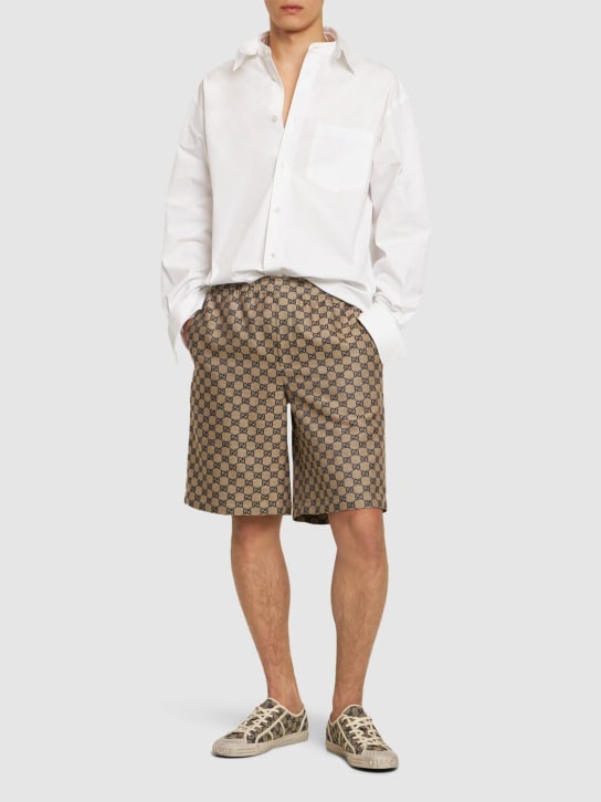 Gucci: GG linen blend shorts - Oatmilk/Blue - men_1 | Luisa Via Roma