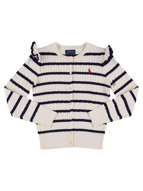 Polo Ralph Lauren: Logo棉质扭绳针织开衫 - 白色/蓝色 - kids-girls_0 | Luisa Via Roma