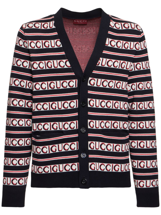 Gucci: Cardigan in cotone / logo - Ink/Red/White - men_0 | Luisa Via Roma