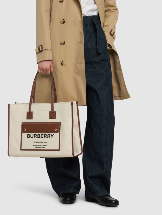 Burberry: Medium Freya leather & canvas tote bag - Natural/Tan - women_1 | Luisa Via Roma