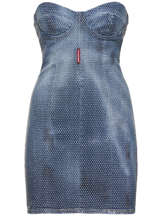 Dsquared2: Embellished strapless denim mini dress - Blue - women_0 | Luisa Via Roma