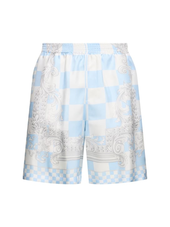 Versace: Shorts aus Seidentwill mit Druck - Pastel Blue - men_0 | Luisa Via Roma