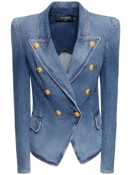 Balmain: 8-Button cotton denim jacket - Blue - women_0 | Luisa Via Roma