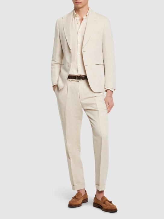 Boss: Veste en lin et coton à boutonnage simple Huge - Beige Foncé - men_1 | Luisa Via Roma