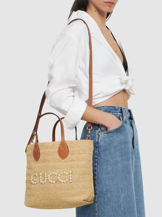 Gucci: Petit sac cabas en raphia à logo - Naturel/Multicouleur - women_1 | Luisa Via Roma