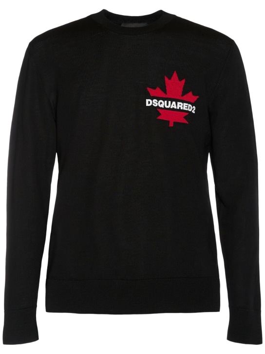 Dsquared2: Logo jacquard wool crewneck sweater - Siyah - men_0 | Luisa Via Roma