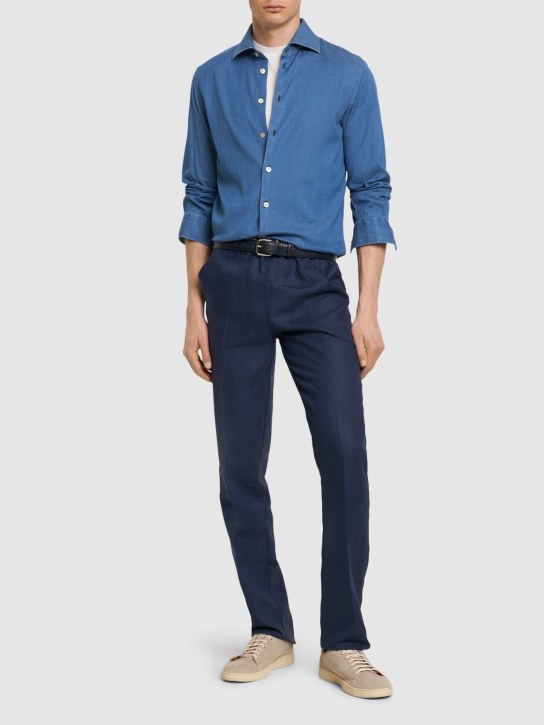 Kiton: Pantalones de lino con cordón ajustable - Azul Marino - men_1 | Luisa Via Roma