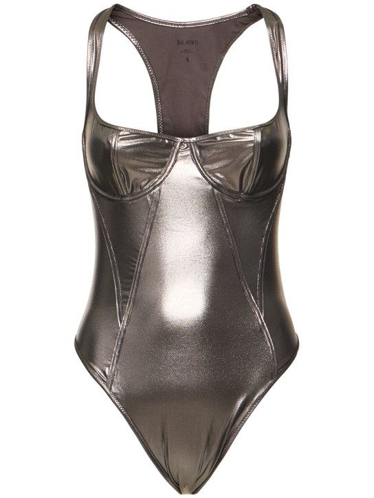 The Attico: Metallic lycra one piece swimsuit - Silver/Black - women_0 | Luisa Via Roma