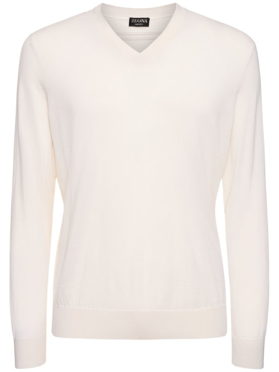 Zegna: Cashmere & silk v neck sweater - White - men_0 | Luisa Via Roma