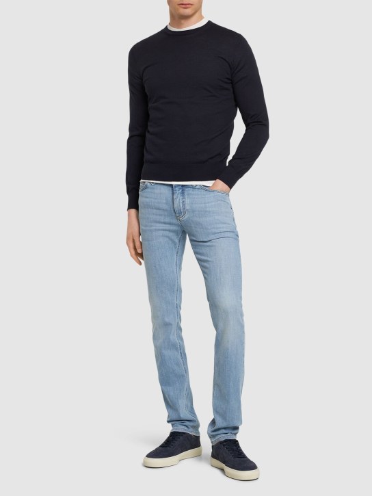 Brioni: Meribel stretch cotton denim jeans - Bright Blue - men_1 | Luisa Via Roma