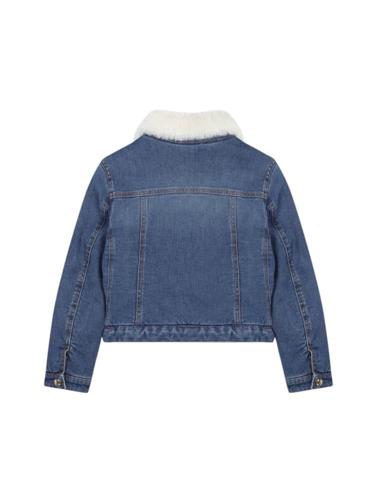 Chloé: Cotton denim & faux fur jacket - Mavi - kids-girls_1 | Luisa Via Roma