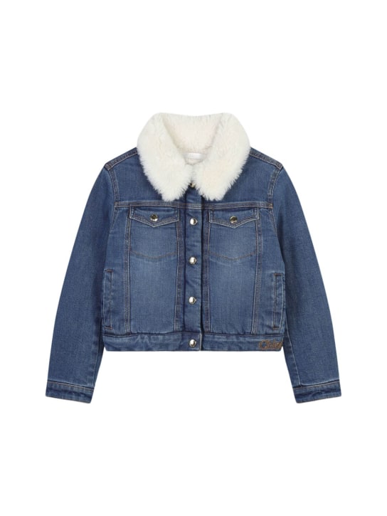 Chloé: Cotton denim & faux fur jacket - Mavi - kids-girls_0 | Luisa Via Roma