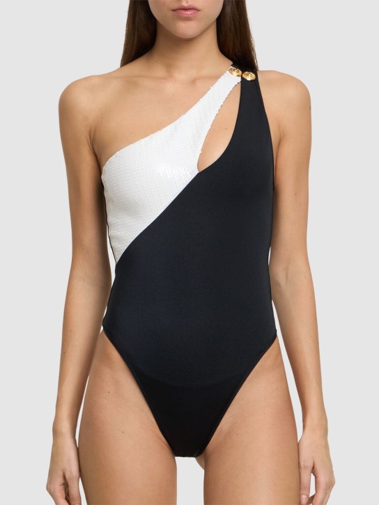 Balmain: Einschultriger Badeanzug mit Pailletten - Weiß/Schwarz - women_1 | Luisa Via Roma