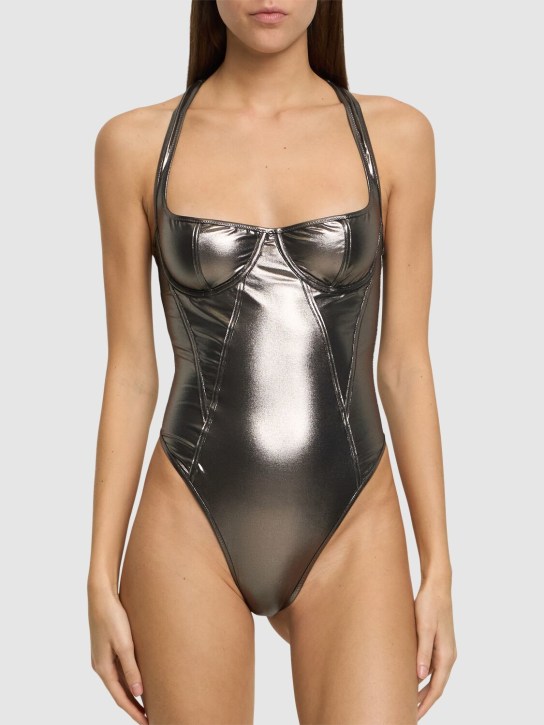 The Attico: Metallic lycra one piece swimsuit - Silver/Black - women_1 | Luisa Via Roma