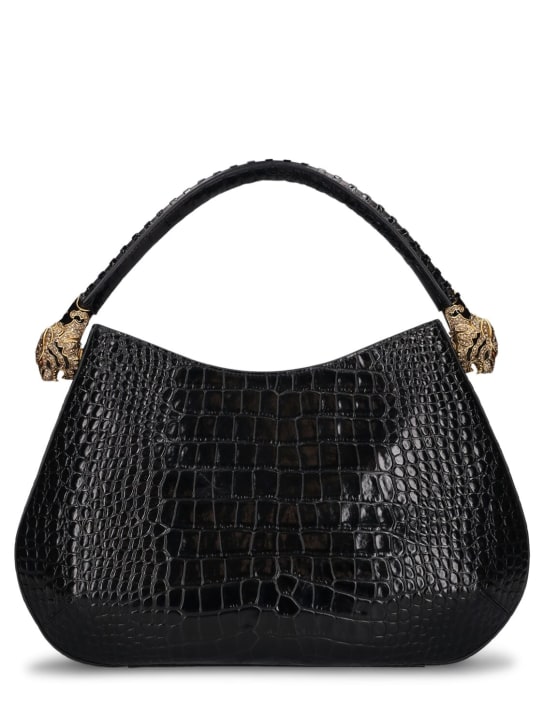 Roberto Cavalli: Road croc embossed leather shoulder bag - Siyah - women_0 | Luisa Via Roma