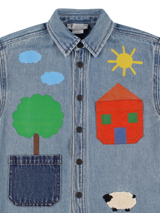 Stella Mccartney Kids: Cotton denim shirt w/patches - Blue - kids-girls_1 | Luisa Via Roma