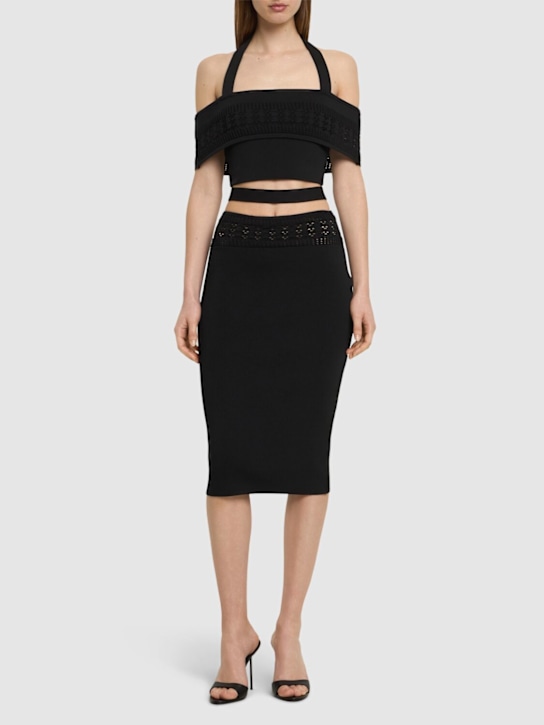 Stretch viscose knit top w/ mesh details - Thumbnail 2