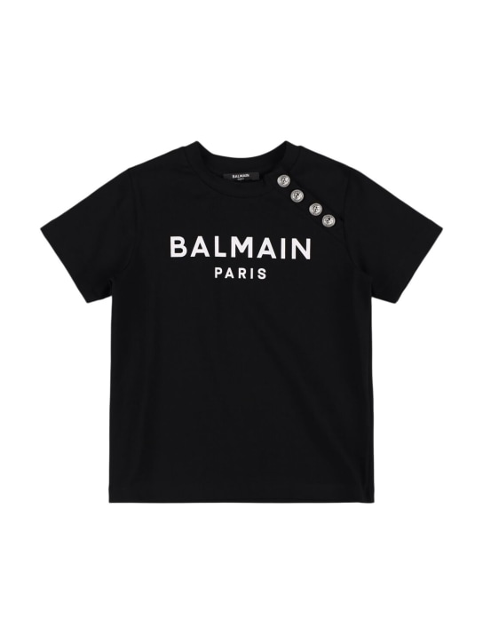 Balmain: T-Shirt aus Baumwolljersey mit Rüschen - Schwarz/Weiß - kids-boys_0 | Luisa Via Roma