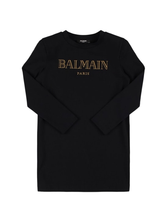 Balmain: Logo棉质平纹针织连衣裙 - 黑色/金色 - kids-girls_0 | Luisa Via Roma