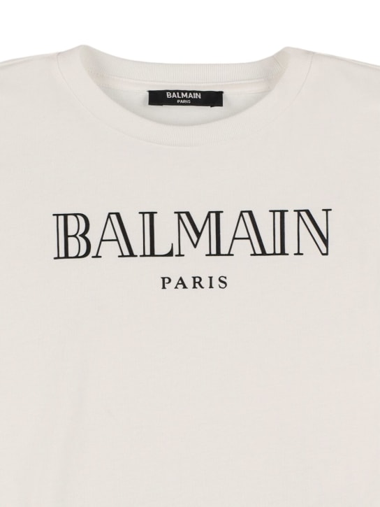 Balmain: T-shirt en jersey de coton imprimé logo - Blanc/Noir - kids-girls_1 | Luisa Via Roma