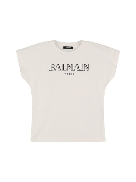 Balmain: 로고 프린트 코튼 저지 티셔츠 - 화이트/블랙 - kids-girls_0 | Luisa Via Roma