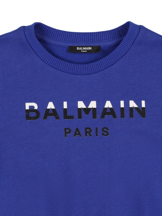 Balmain: Sweat-shirt en coton à imprimé logo - Bleu - kids-girls_1 | Luisa Via Roma