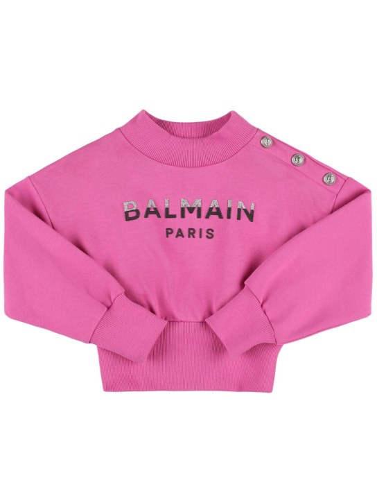 Balmain: Sweatshirt aus Baumwolle mit Glitzerlogodruck - Fuchsie - kids-girls_0 | Luisa Via Roma