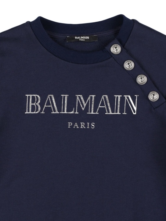 Balmain: Sweat-shirt en coton à imprimé logo - Bleu Foncé - kids-girls_1 | Luisa Via Roma