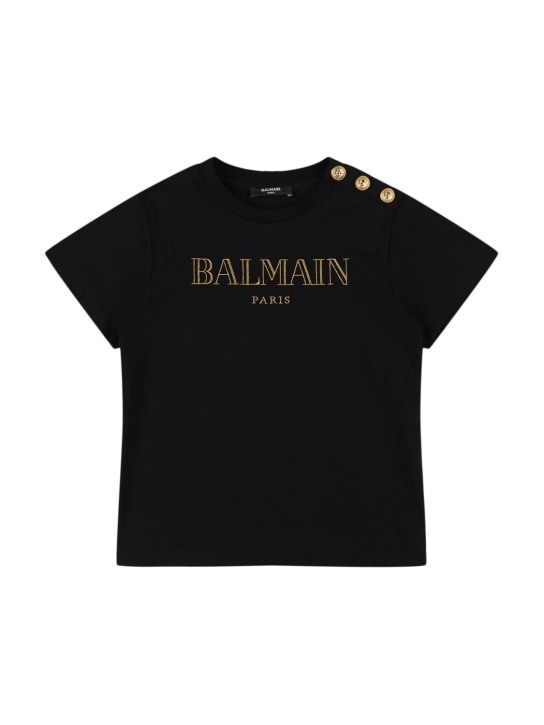 Balmain: T-shirt en jersey de coton imprimé logo - Noir/Or - kids-girls_0 | Luisa Via Roma