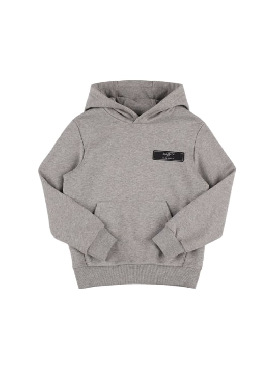 Balmain: Cotton sweatshirt hoodie w/ logo - Grey - kids-boys_0 | Luisa Via Roma