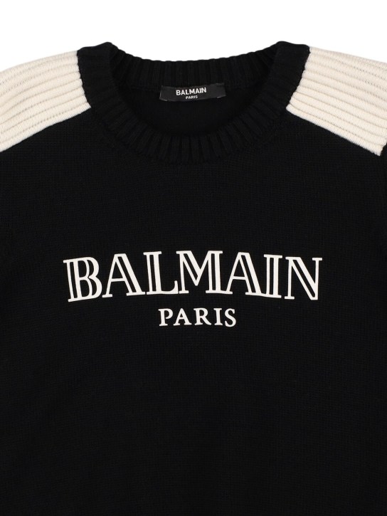 Balmain: Wool knit sweater w/ logo - Black/White - kids-boys_1 | Luisa Via Roma