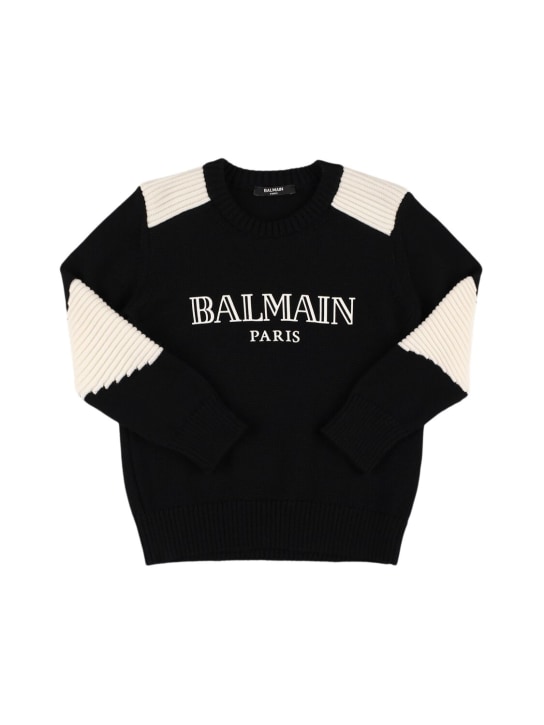 Balmain: Suéter de punto de lana con logo - Negro/Blanco - kids-girls_0 | Luisa Via Roma