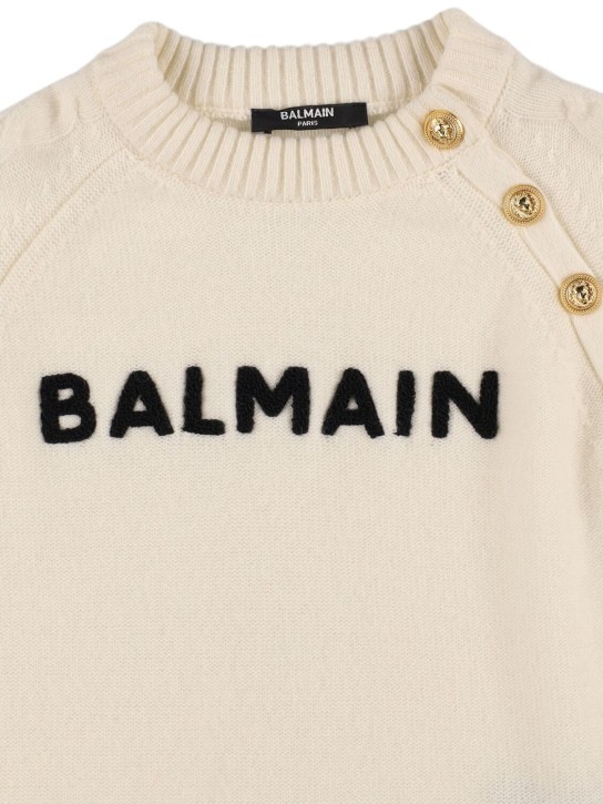 Balmain: Pull-over boutonné en maille de laine mélangée - Blanc/Noir - kids-boys_1 | Luisa Via Roma
