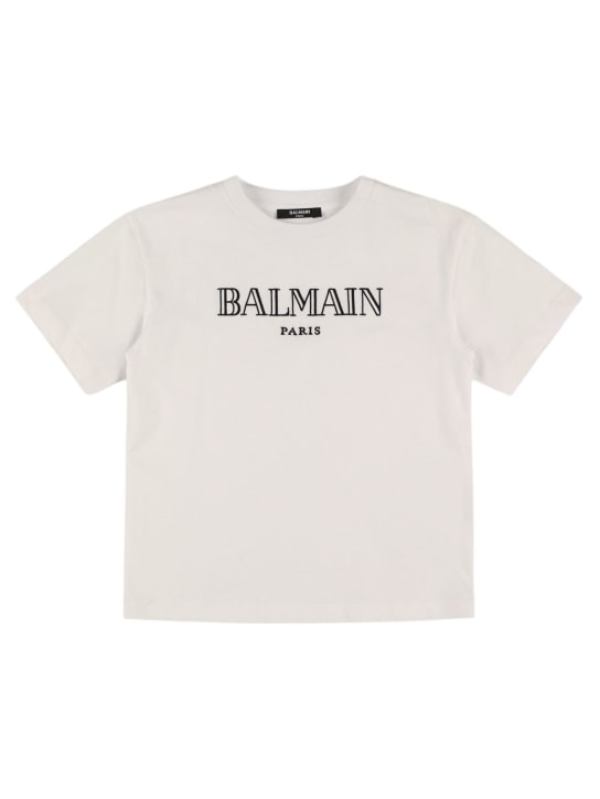 Balmain: Camiseta de jersey de algodón con logo - Blanco - kids-girls_0 | Luisa Via Roma
