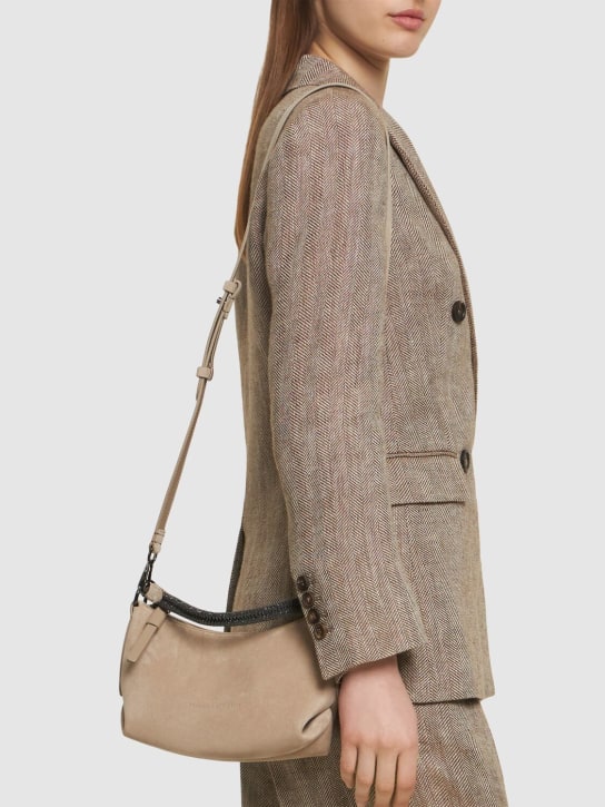 Brunello Cucinelli: Small softy velour leather shoulder bag - Walnut - women_1 | Luisa Via Roma