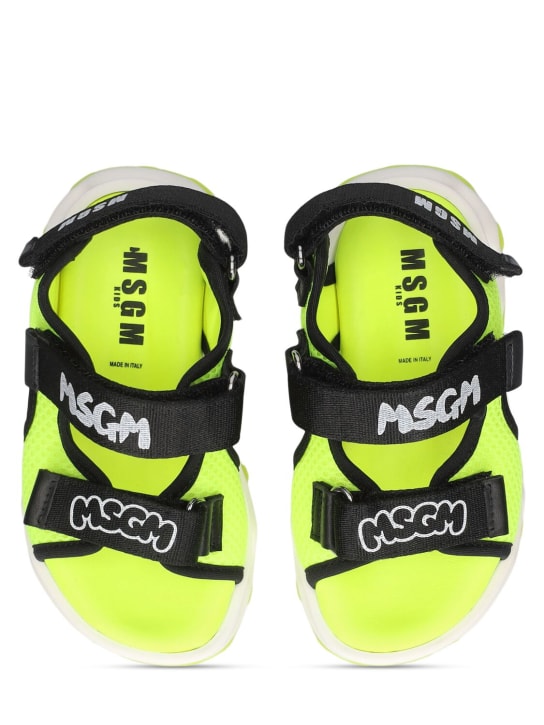 MSGM: Logo print leather & canvas strap sandal - Yellow/Black - kids-boys_1 | Luisa Via Roma
