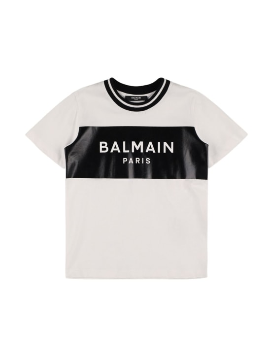 Balmain: T-shirt en jersey de coton à logo - Blanc/Noir - kids-boys_0 | Luisa Via Roma
