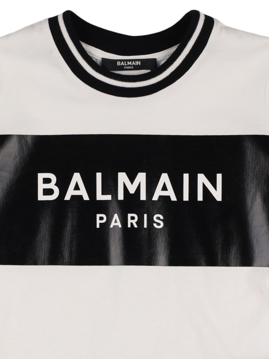 Balmain: Logo棉质平纹针织T恤 - 白色/黑色 - kids-girls_1 | Luisa Via Roma