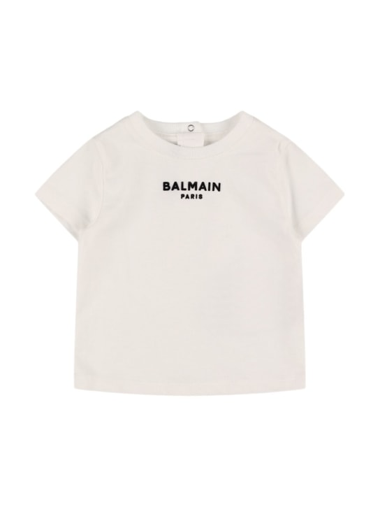 Balmain: Logo棉质平纹针织T恤 - 白色/黑色 - kids-girls_0 | Luisa Via Roma