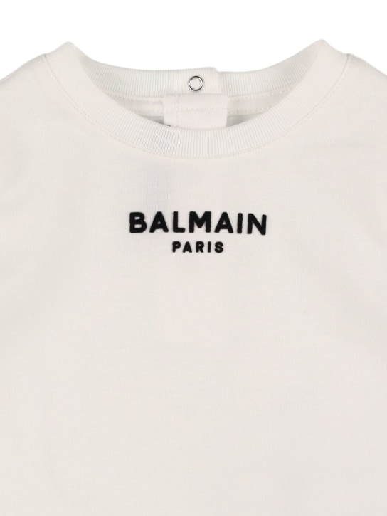 Balmain: T-shirt en jersey de coton à logo - Blanc/Noir - kids-girls_1 | Luisa Via Roma