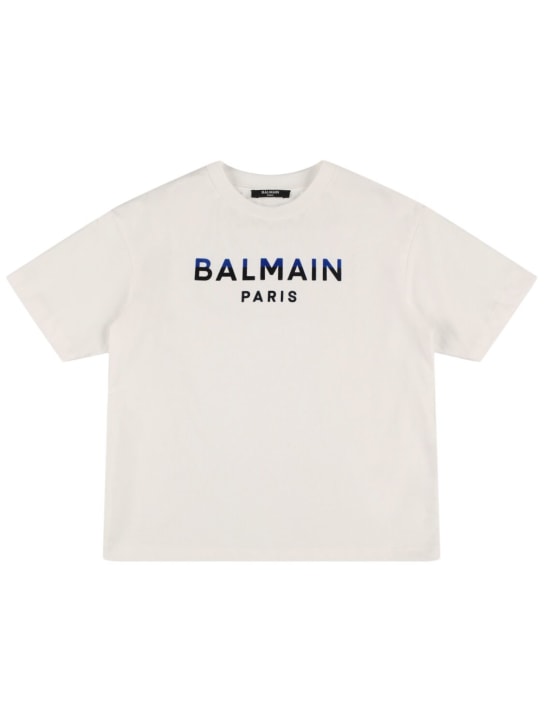 Balmain: T-shirt en jersey de coton à logo - Blanc - kids-girls_0 | Luisa Via Roma