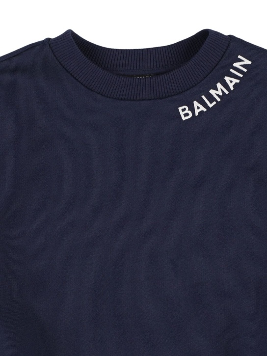 Balmain: Sweat-shirt en coton à logo col rond - Bleu/Blanc - kids-boys_1 | Luisa Via Roma