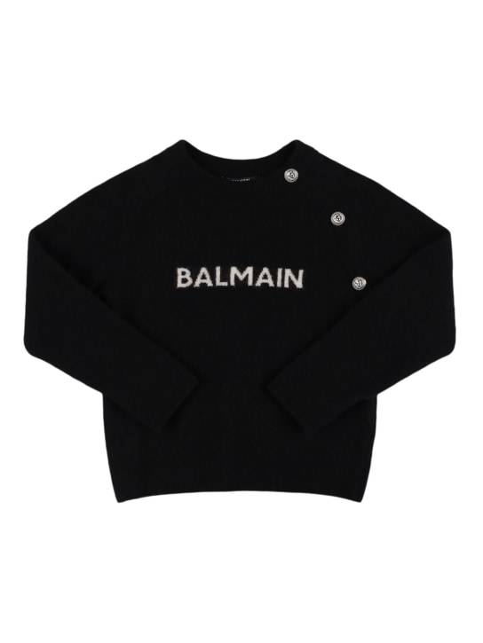 Balmain: Logo wool blend knit sweater - Black/White - kids-girls_0 | Luisa Via Roma