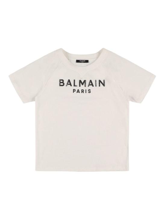 Balmain: T-shirt en jersey de coton à logo - Blanc/Argent - kids-boys_0 | Luisa Via Roma
