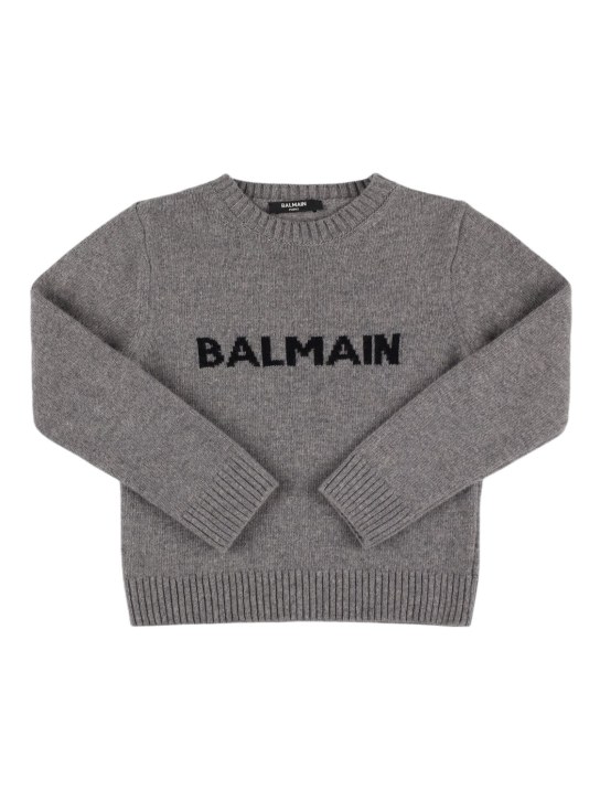 Balmain: Wool blend knit sweater - Grey/Black - kids-girls_0 | Luisa Via Roma